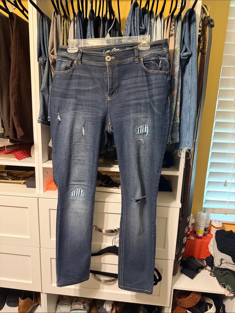 INC International Concepts Dark Blue Distressed Skinny Jeans with Striped Patch
